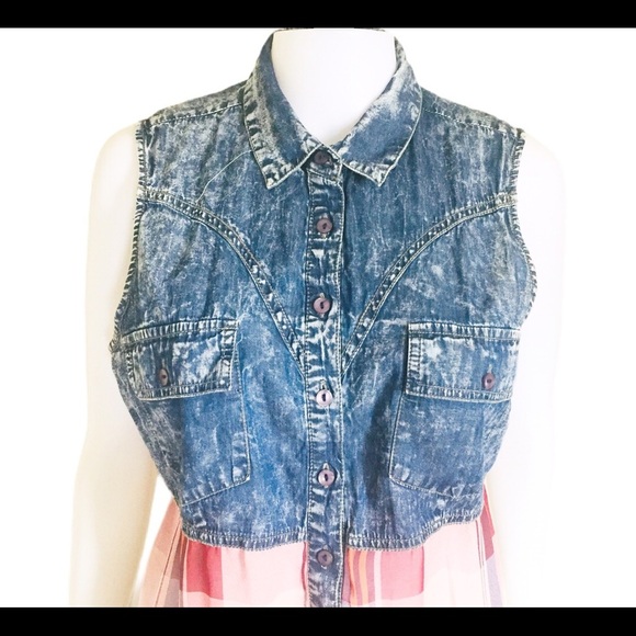 WAREHOUSE ONE Mixed Media Denim Button Down Shirt With Plaid Blue/Pink Sz Medium - Picture 4 of 11